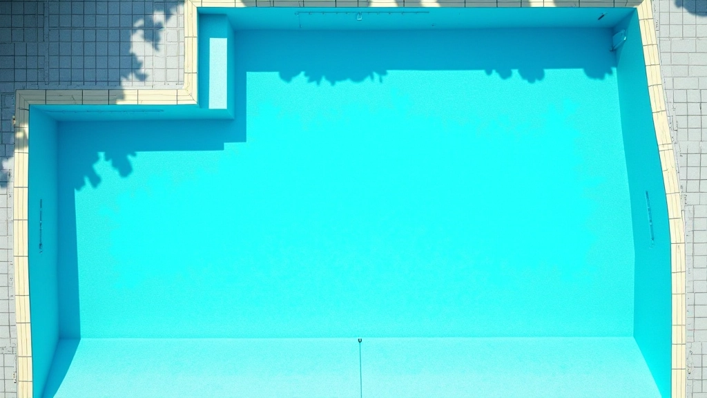 Vue aérienne d'une piscine municipale avec bassins olympique et enfants, carrelage bleu clair et spectateurs en arrière-plan