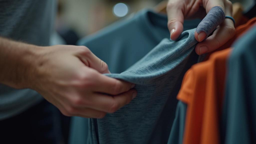 Mains examinant la qualité du tissu d'une tenue de sport sur un comptoir de magasin