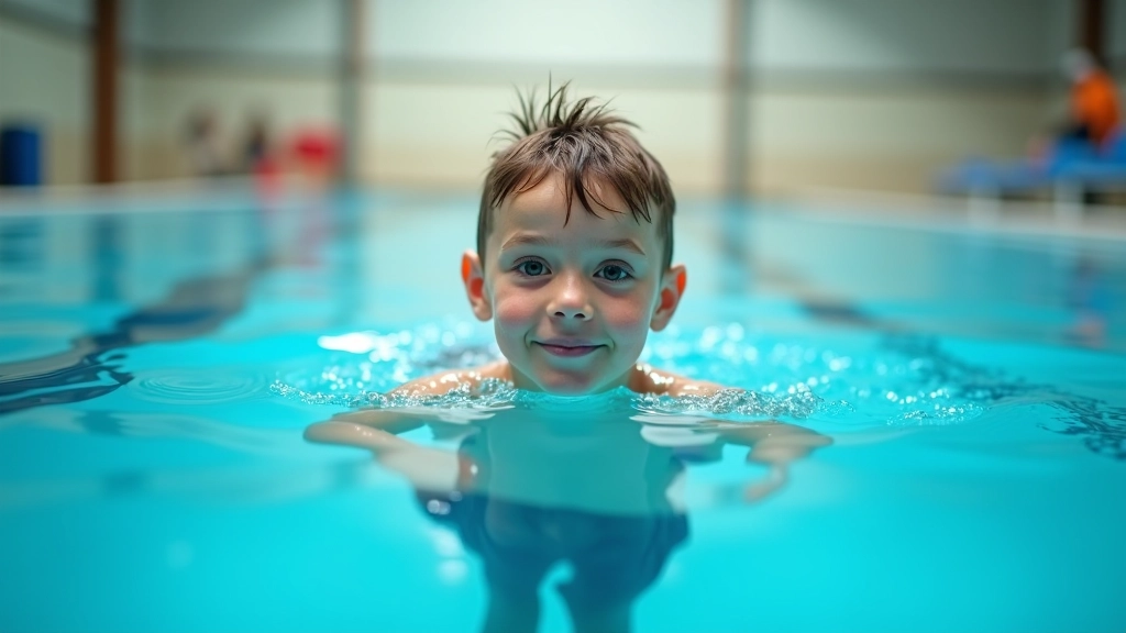 Jeune nageur en maillot de bain dans un bassin de piscine couverte, faisant un mouvement de brasse, eau claire et éclairage professionnel